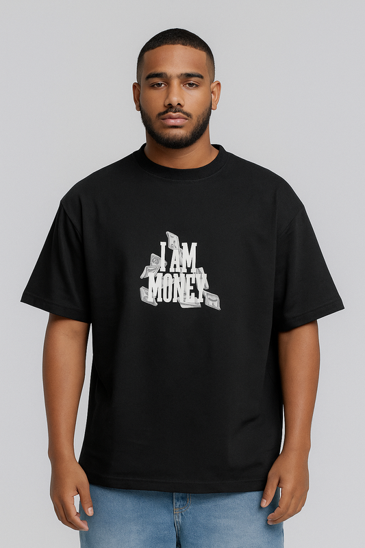 Men's Black Oversized T-Shirt with 'I AM MONEY' & 'Everyone Wants Money' Printed Graphic – Trendy Streetwear Style